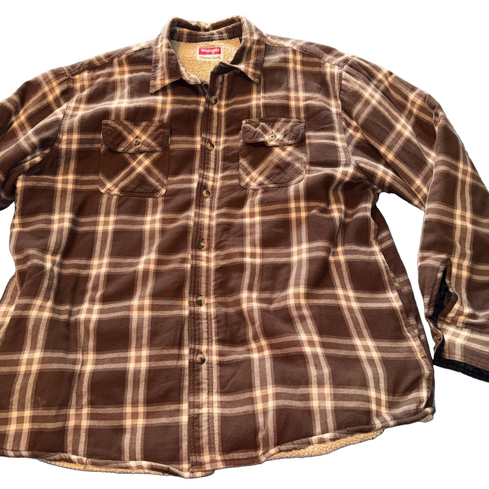 Wrangler Men's XL Sherpa Lined Plaid Flannel Shirt Jacket Brown